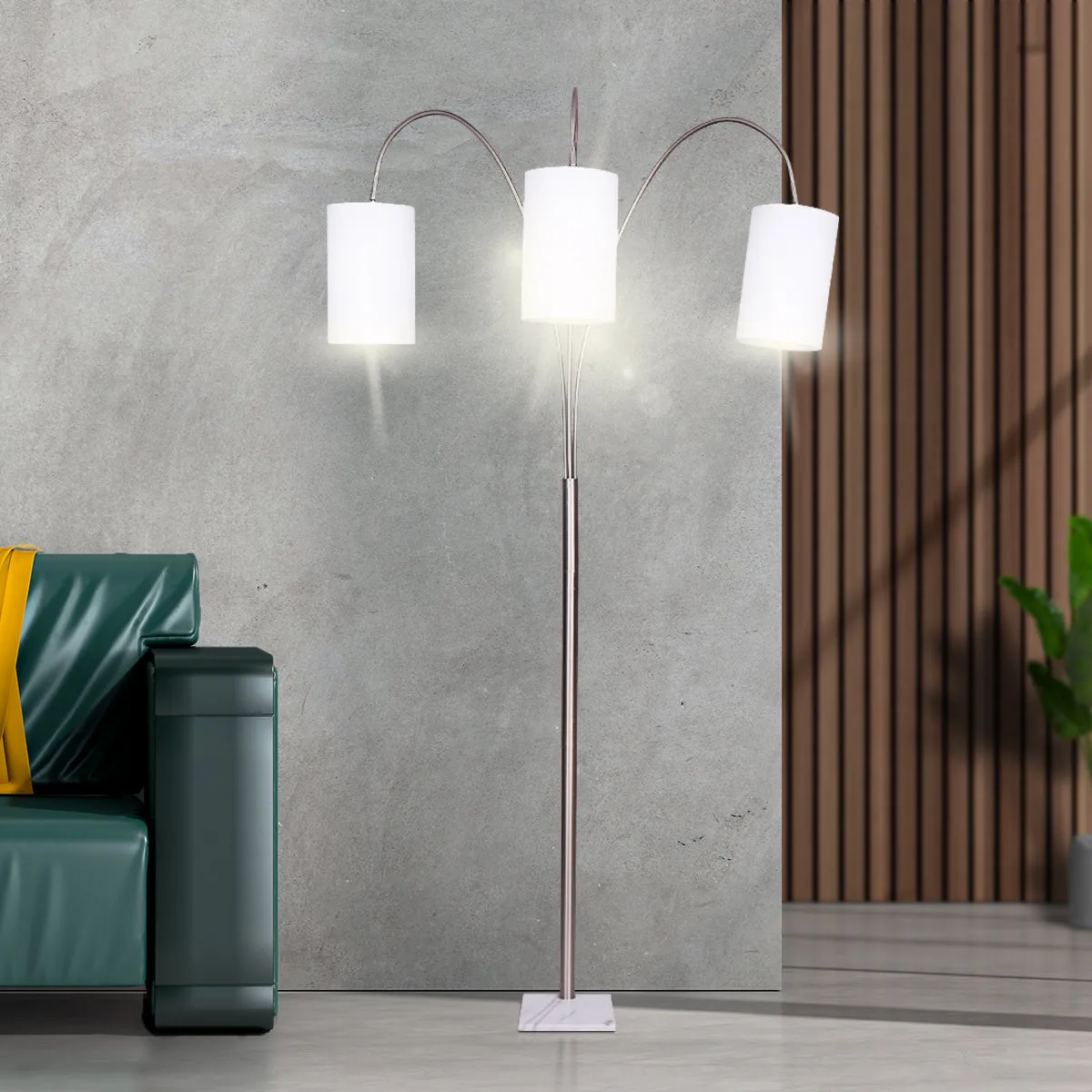 3-Light Metal Arc Floor Lamp | Nickel & Marble Finish, Modern Lighting