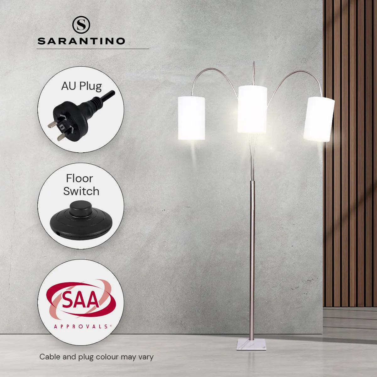 3-Light Metal Arc Floor Lamp | Nickel & Marble Finish, Modern Lighting