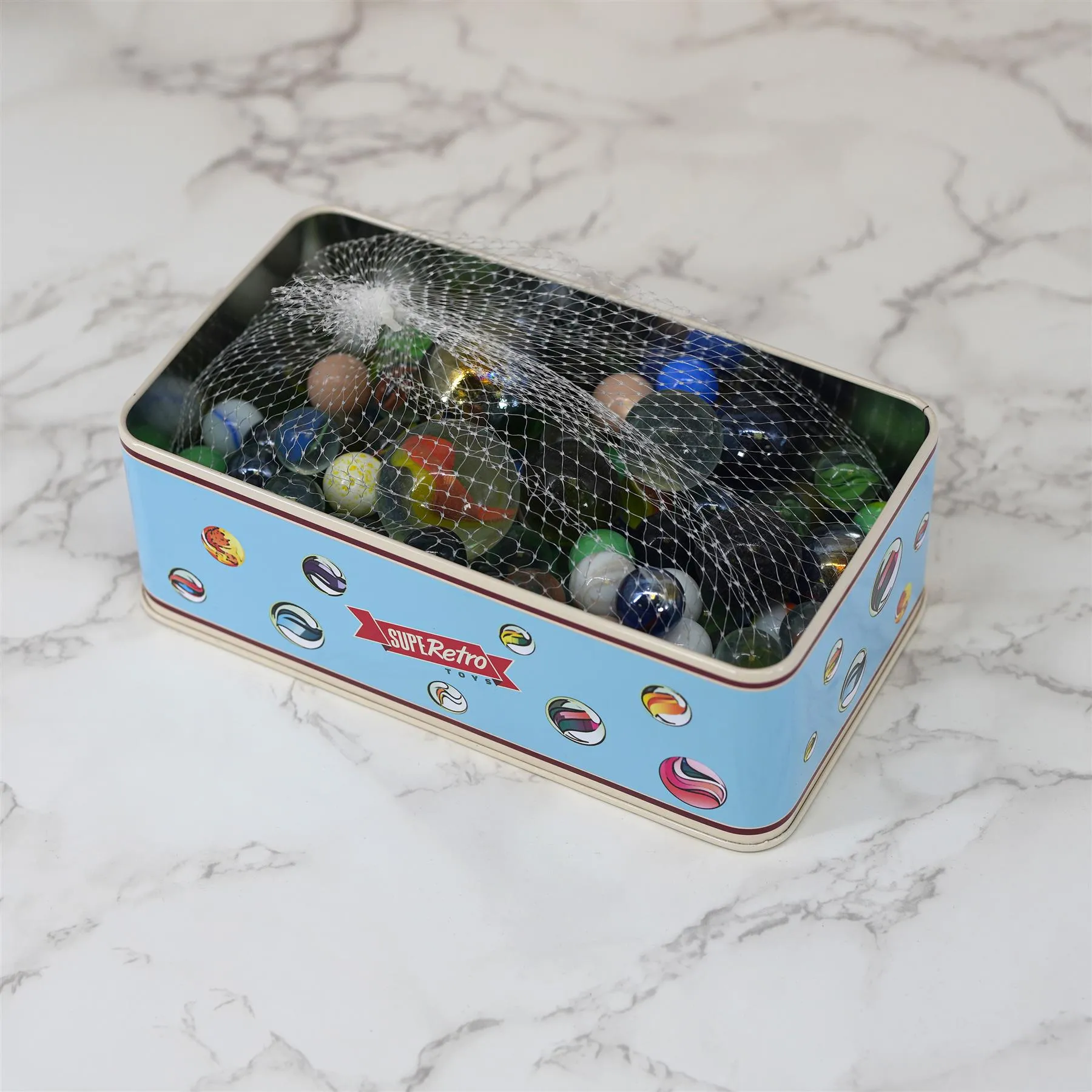 Classic Glass Marbles In A Tin