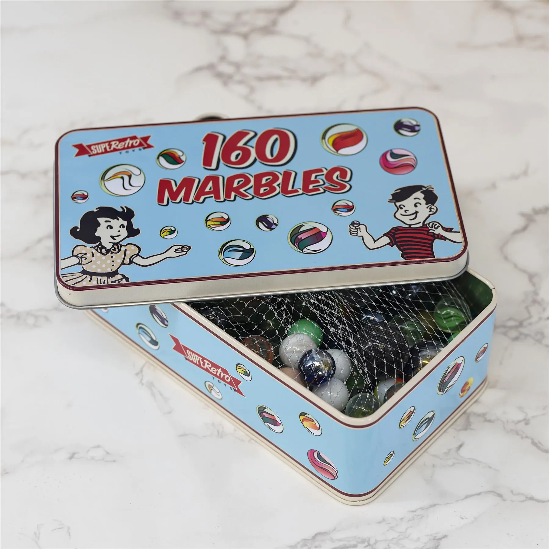 Classic Glass Marbles In A Tin