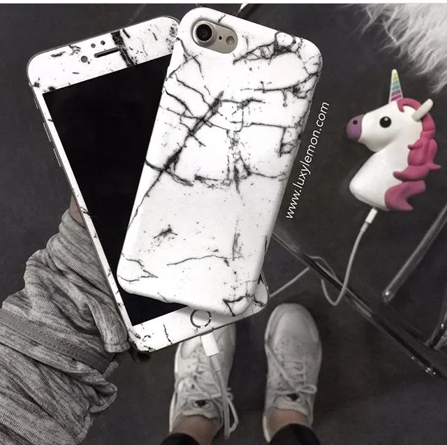 Glass Shield & Phone Case Set - White Cracked Marble