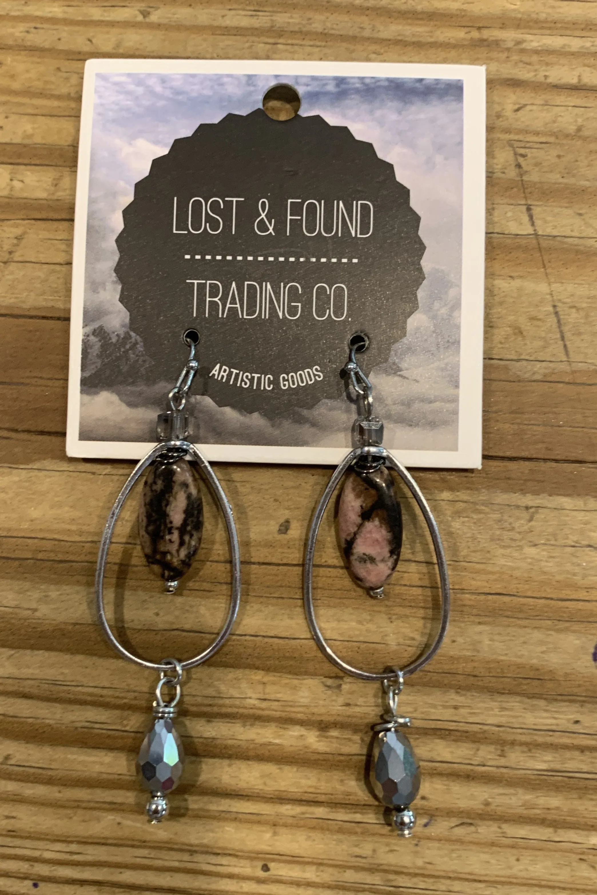 Lost And Found Silver Oblong Earring With Center Pink Natural Stone