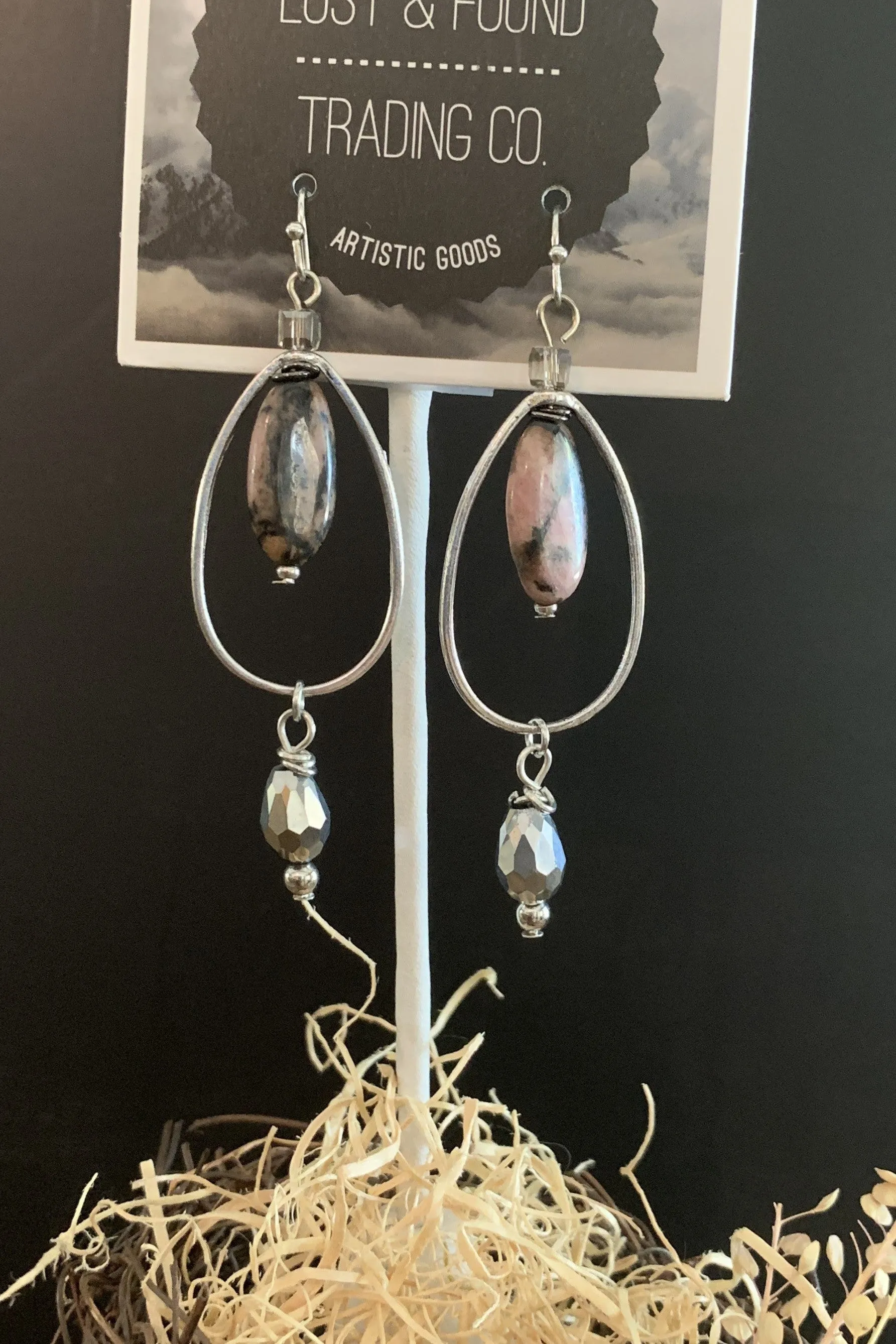 Lost And Found Silver Oblong Earring With Center Pink Natural Stone