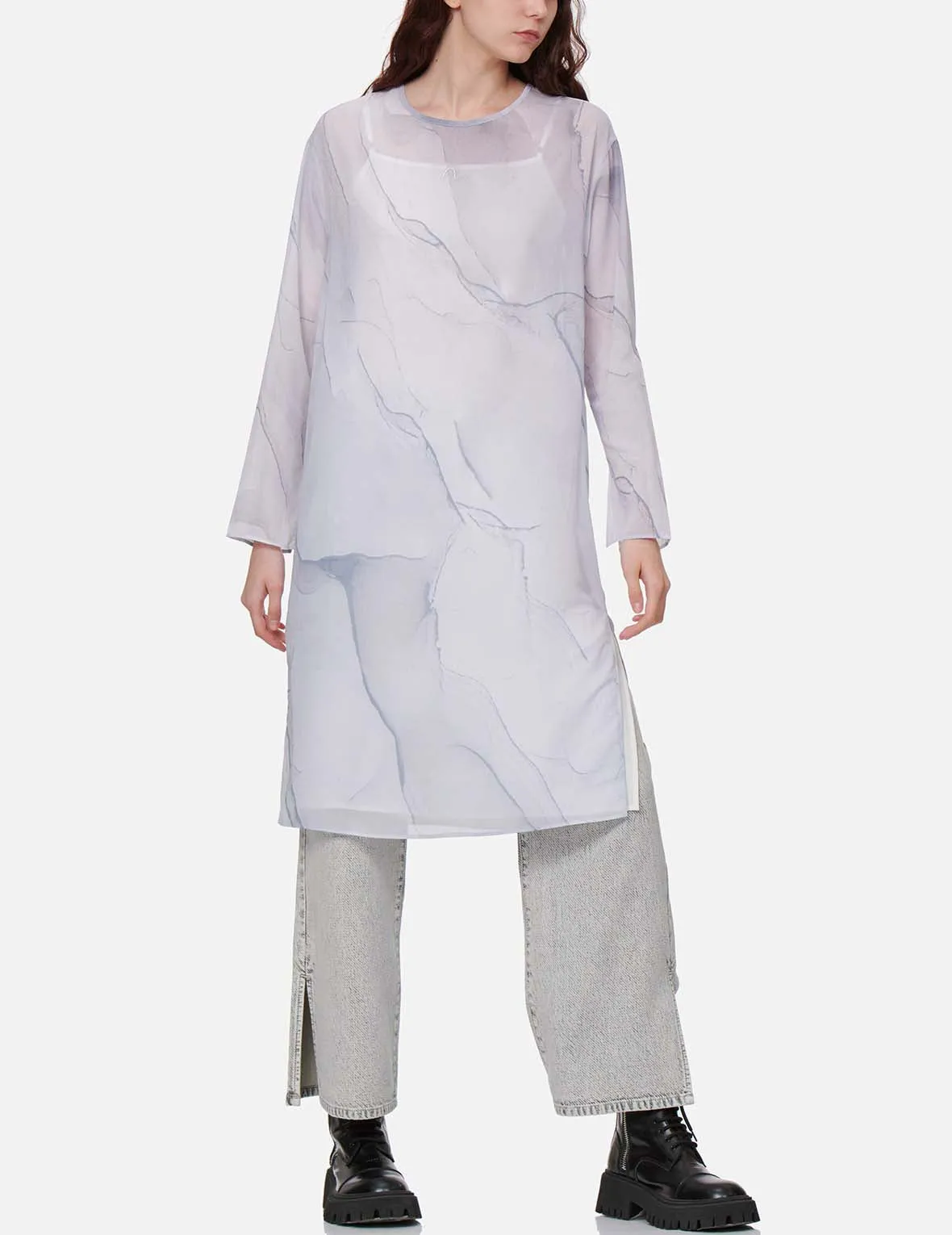 Marble-pattern Print Mesh Dress (with Inner Dress)