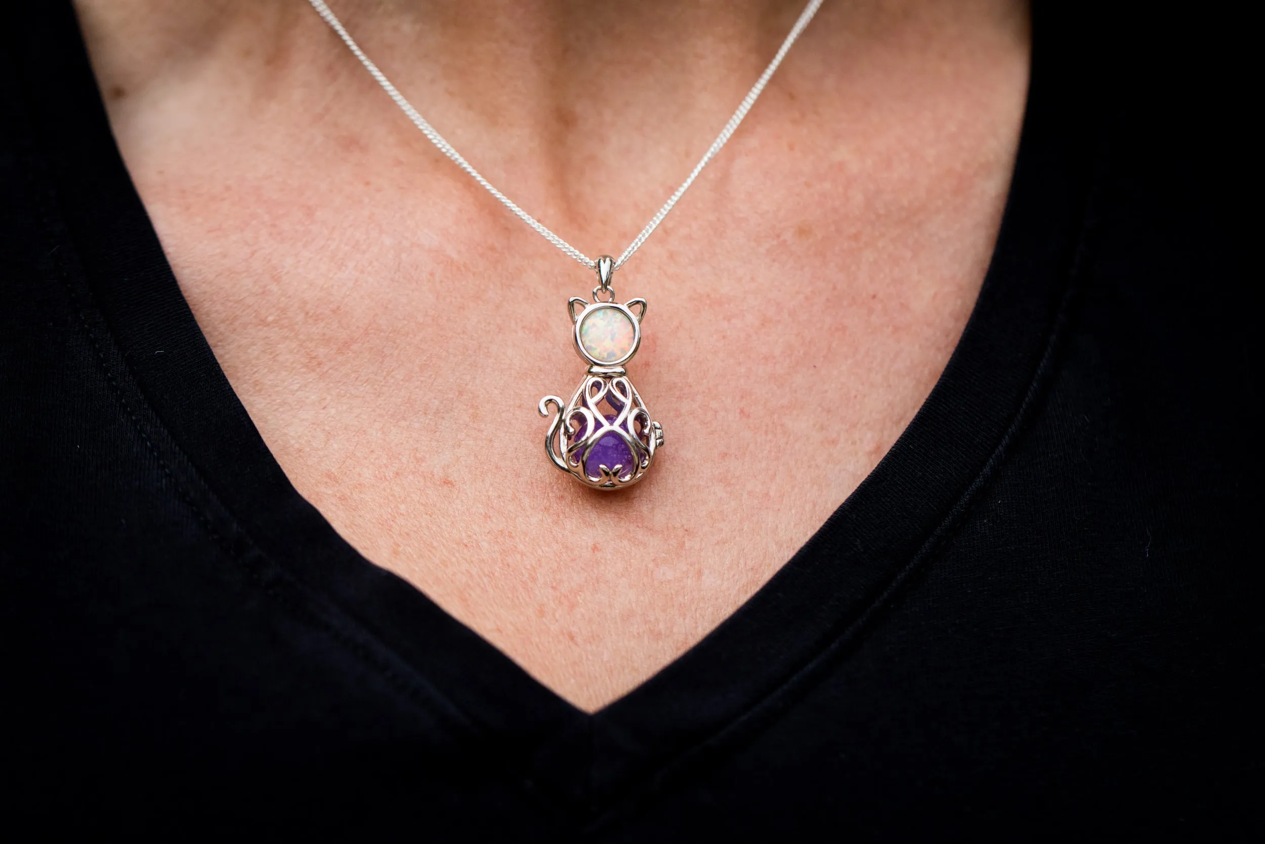 Opal Cat Pendant with 10mm Ash Marble