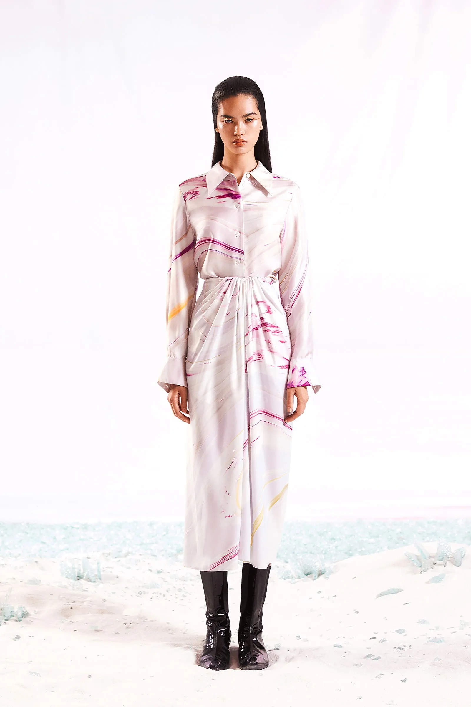 Ruche front skirt in lilac flower marble print