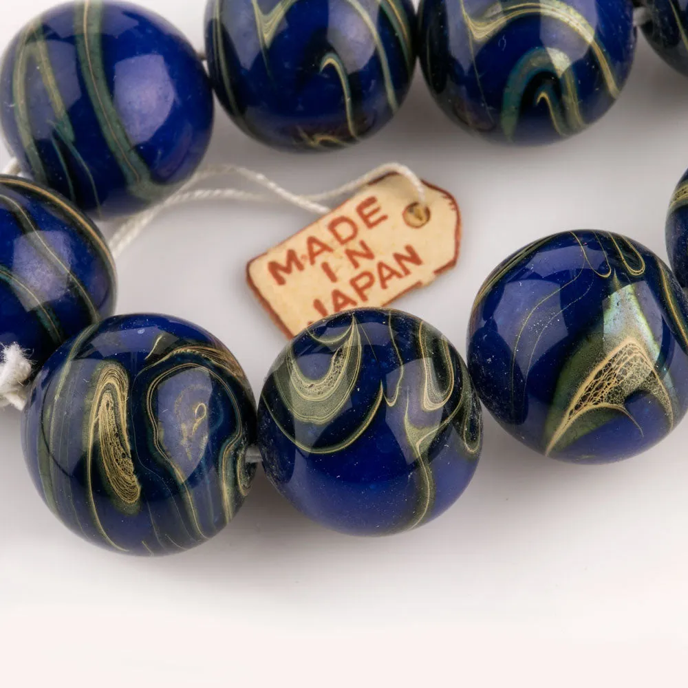 Vintage Japanese blue and grey lampwork swirling marble rounds. 14mm. Pkg of 1. b1-643(e)