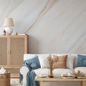 White Marble Wallpaper Mural with Swirls of cream, Taupe, and Peach